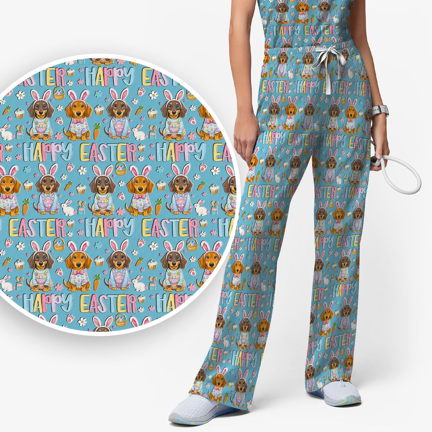 Happy Easter Dachshund Puppy Pattern Scrub Set, Breathable Med Uniform