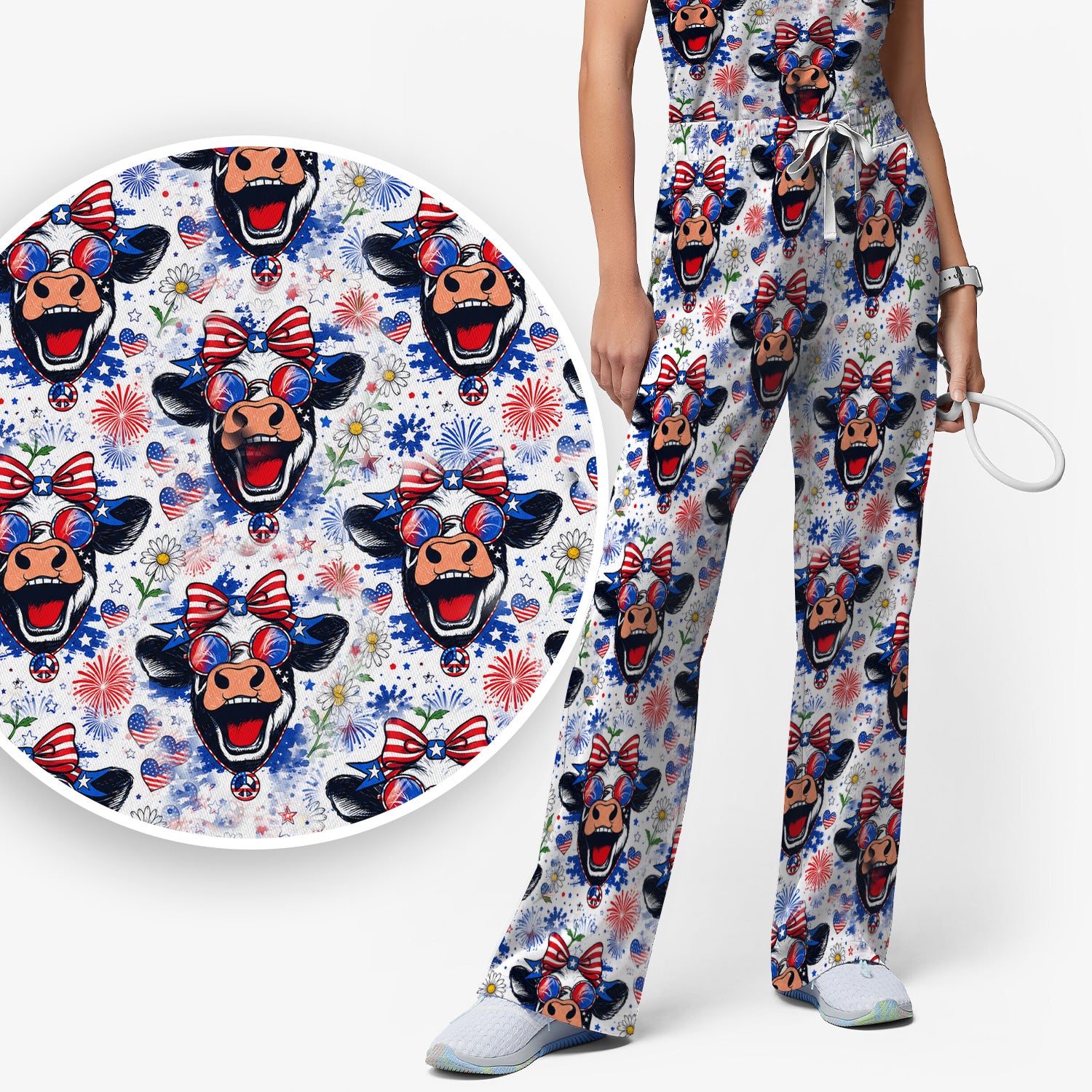 Funny Patriotic Cow Nurse Print Scrub Set, Scrub Pants and V Neck Top