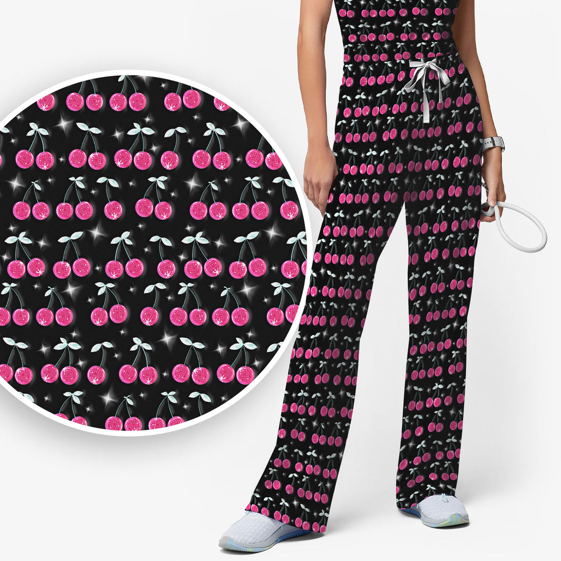 Pink Cherry Sparkle Print Scrub Set, Scrub Pants and V Neck Top