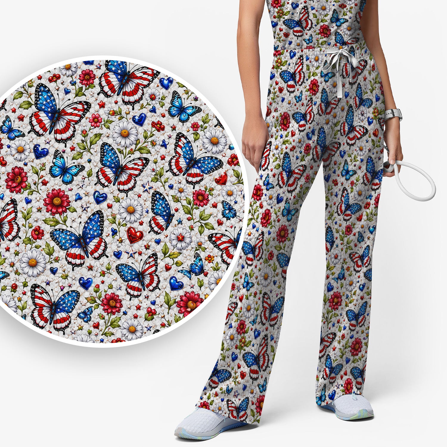 Patriotic Butterfly Daisy Heart Pattern Scrub Set, Scrub Pants and V Neck Top