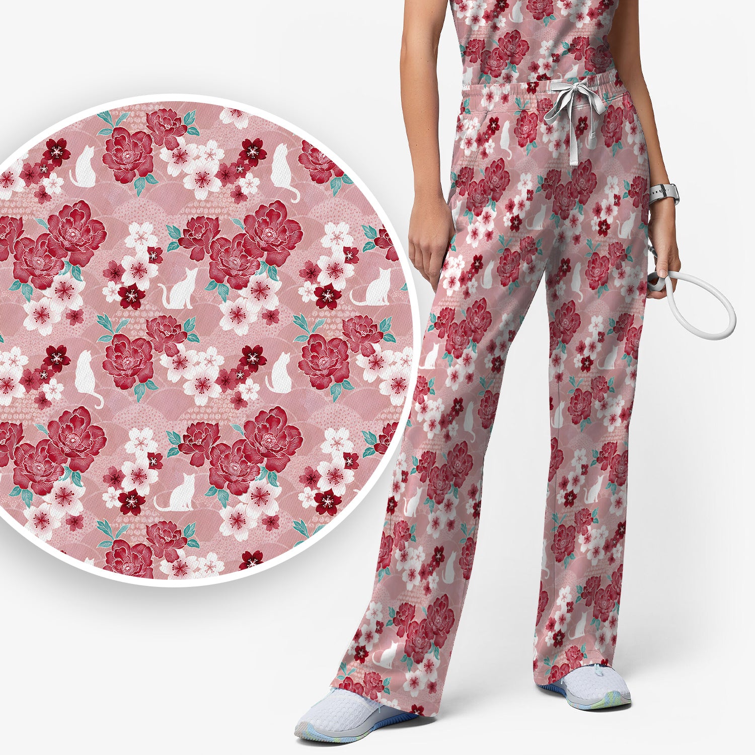Floral White Cat Nurse Scrub Set, Scrub Pants and V Neck Top