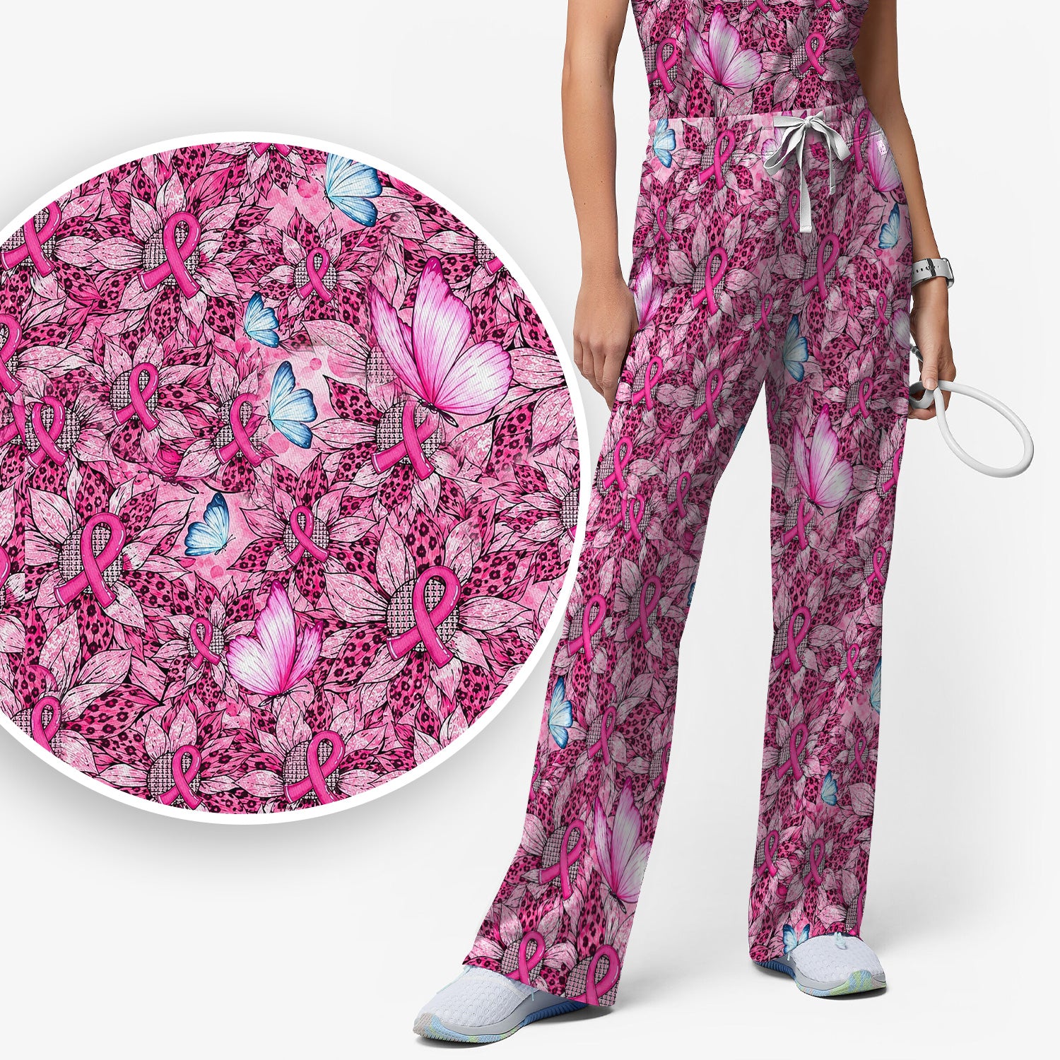 Pink Ribbon Butterfly Breast Cancer Scrub Set, Scrub Pants and V Neck Top