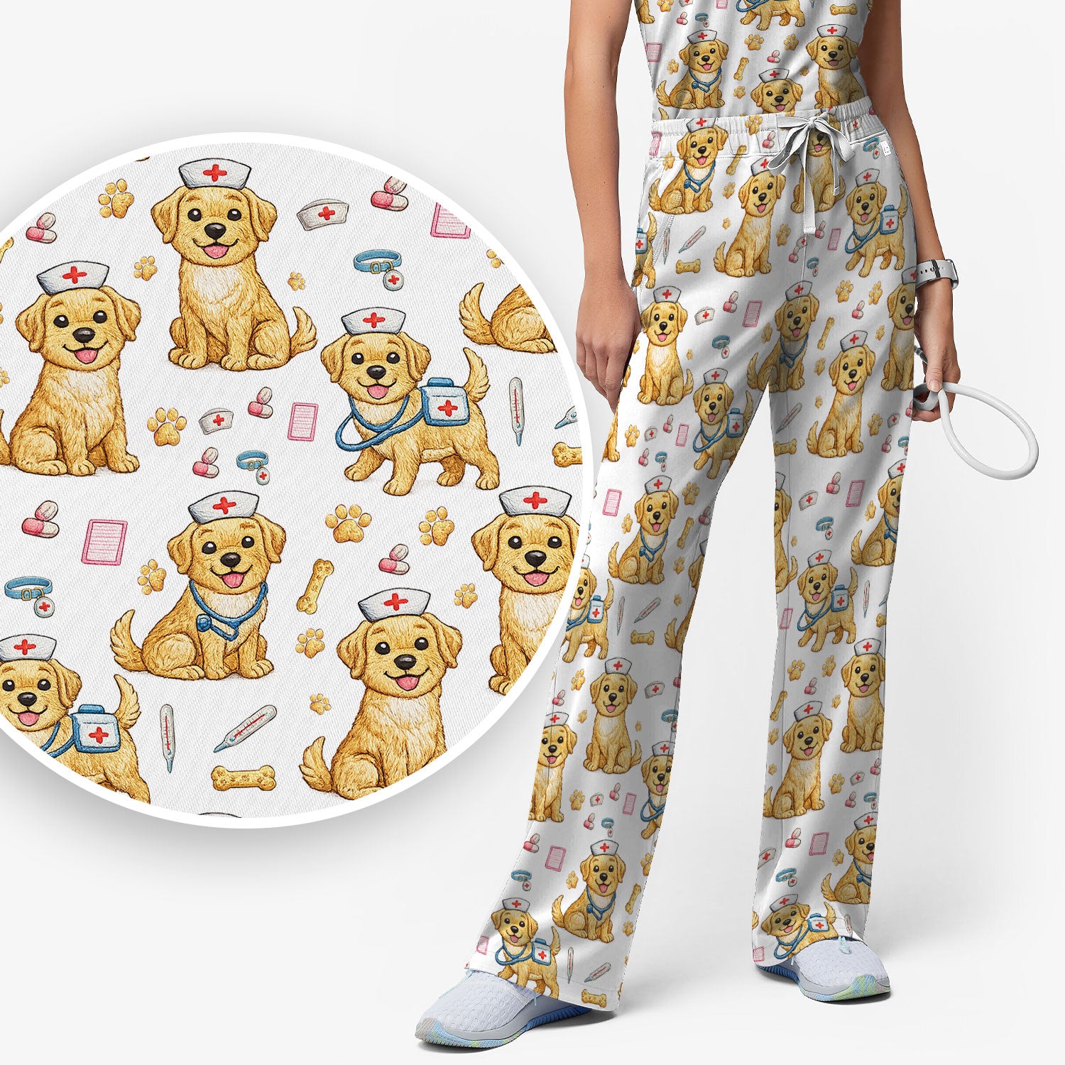 Cute Puppy Nurse Medical Print Women’s Scrub Set, Scrub Pants and V Neck Top