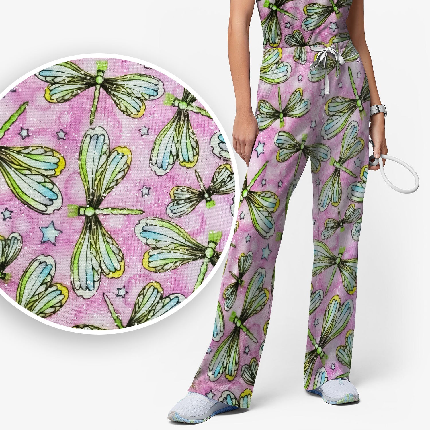 Dragonfly On Pink Starry Background Scrub Set, Scrub Pants and V Neck Top