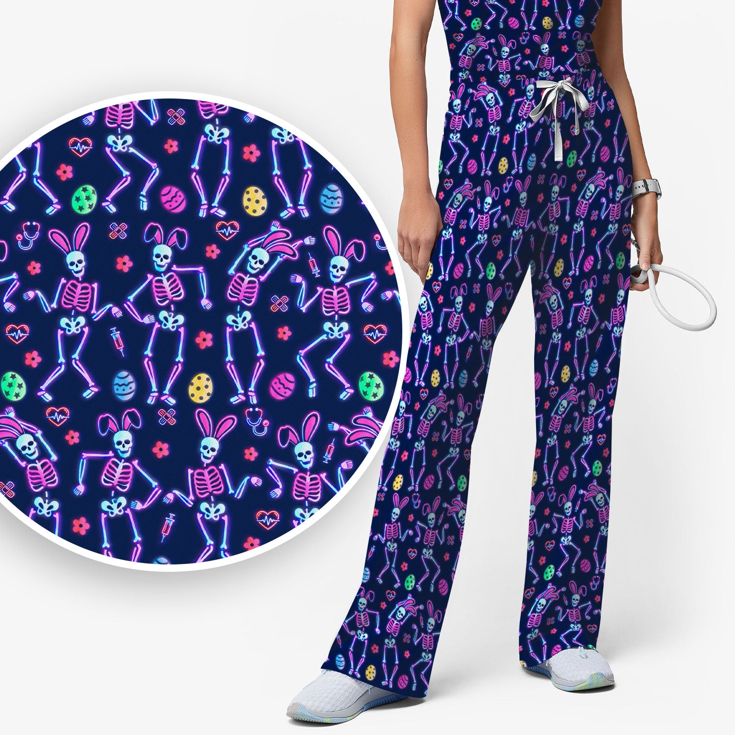 Neon Easter Skeleton Print Scrub Set, Scrub Pants and V Neck Top