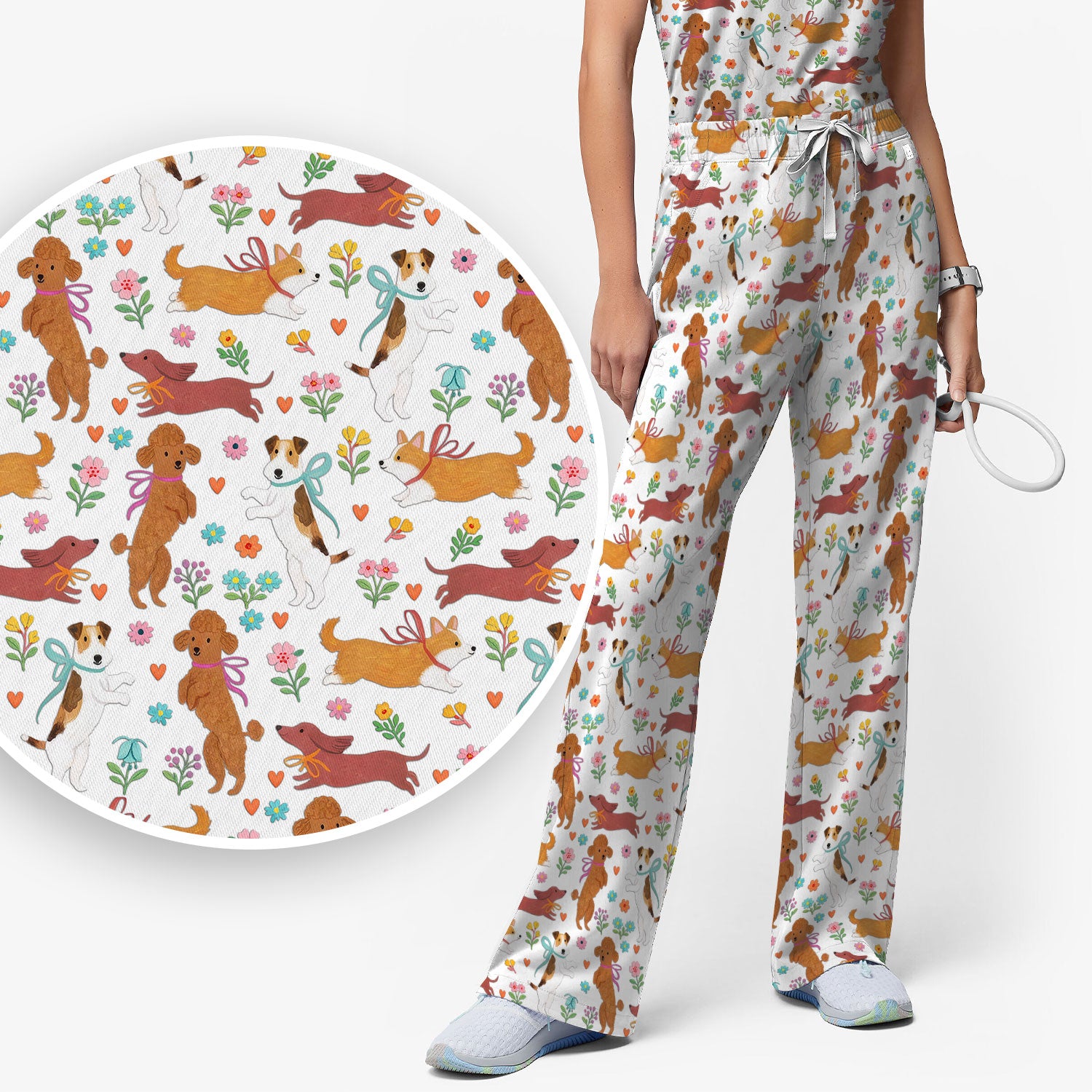 Cute Cartoon Dog Print Women's Scrub Set, Scrub Pants and V Neck Top
