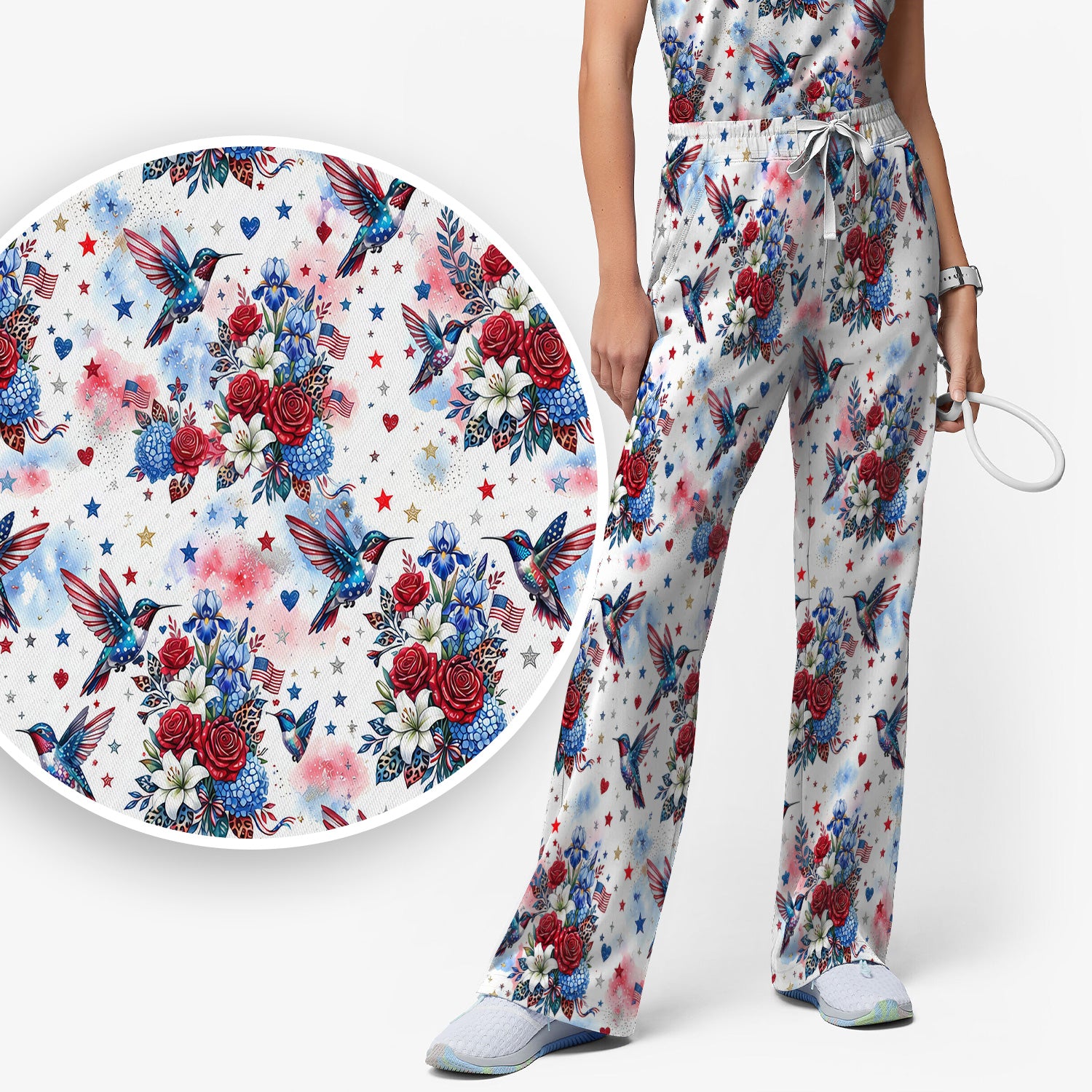 Patriotic Hummingbird Floral Bouquet Pattern Scrub Set, Scrub Pants and V Neck Top