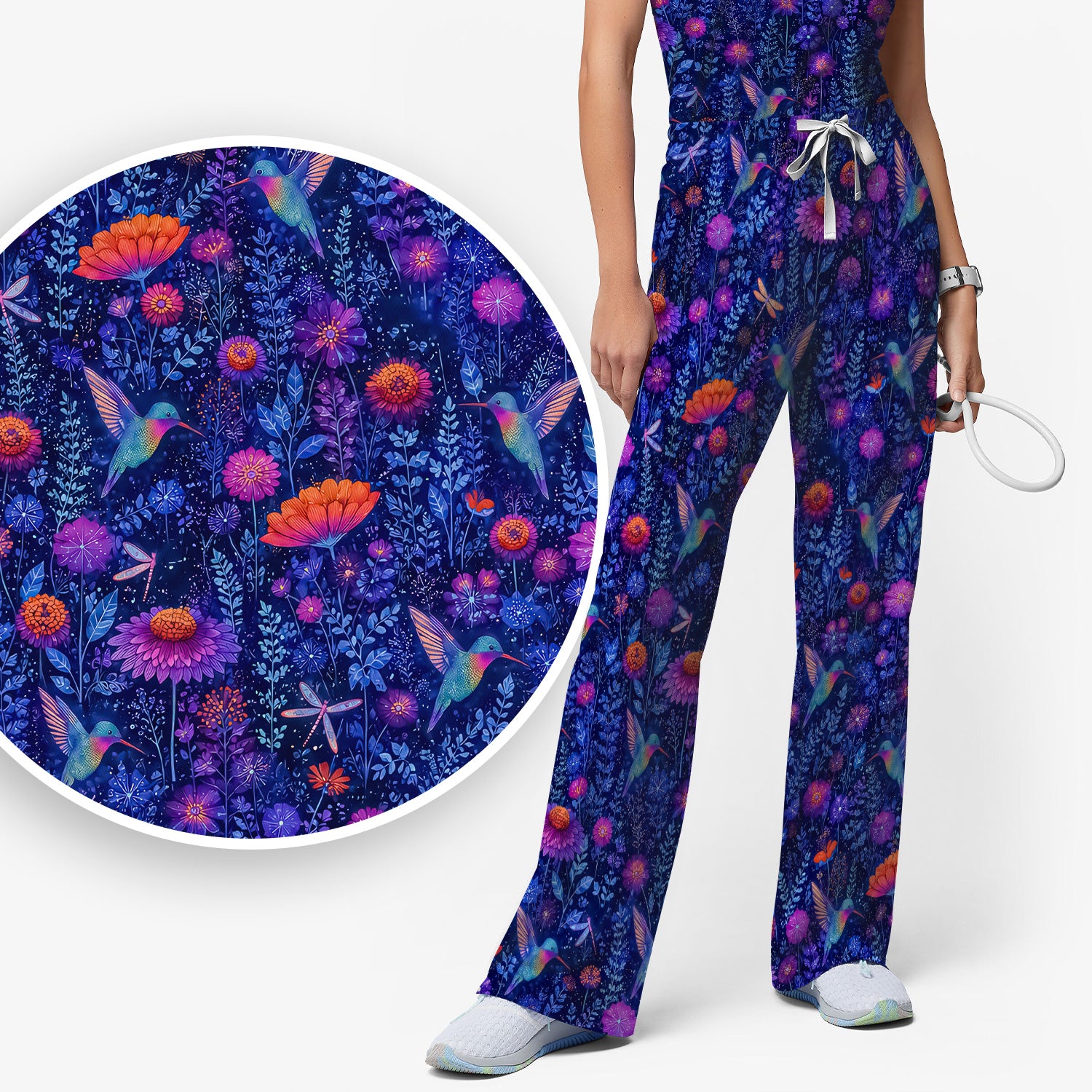 Enchanted Hummingbird Wildflower Garden Pattern Scrub Set, Scrub Pants and V Neck Top