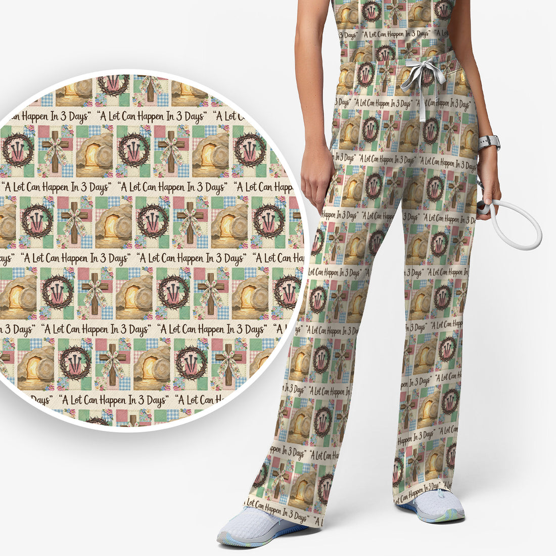 Christian Easter Cross Print Scrub Set, Scrub Pants and V Neck Top
