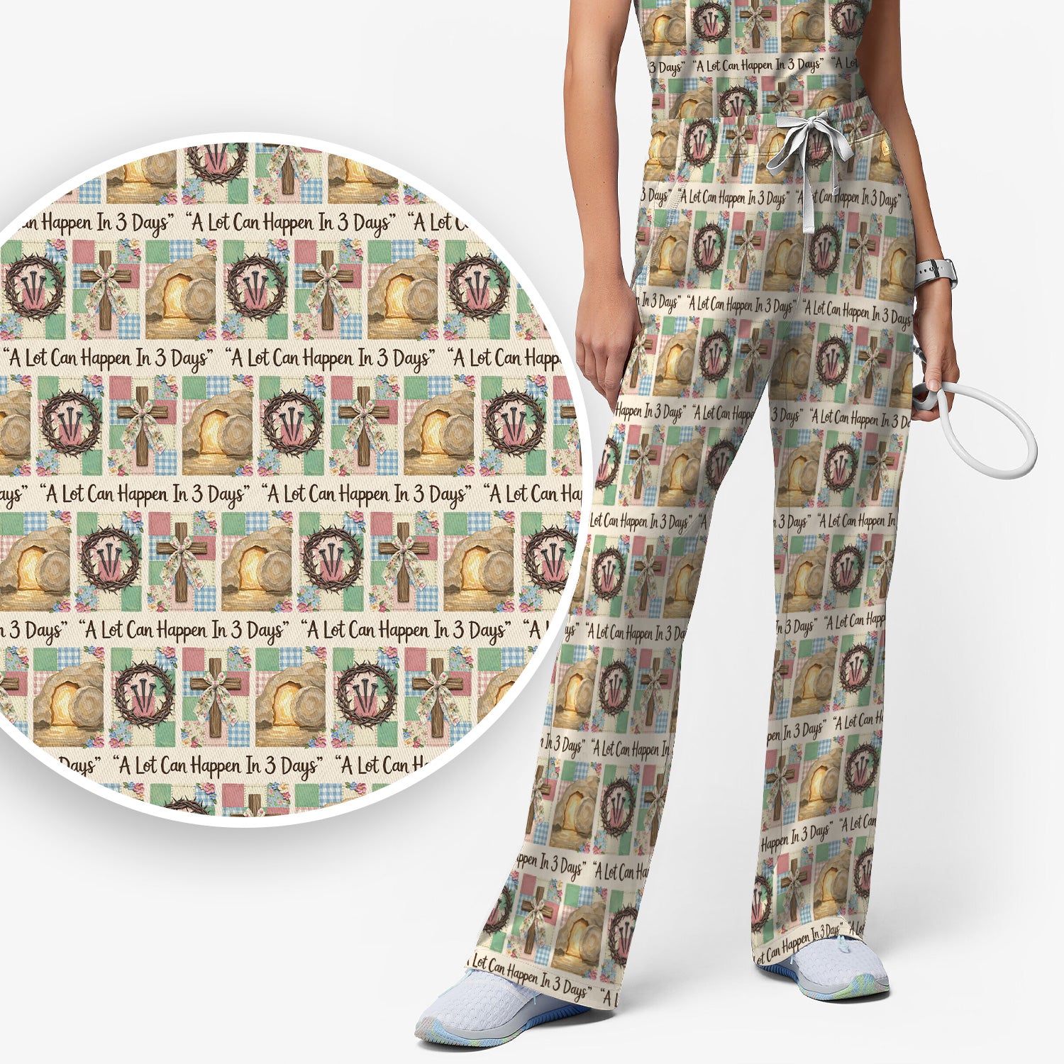 Christian Easter Cross Print Scrub Set, Scrub Pants and V Neck Top