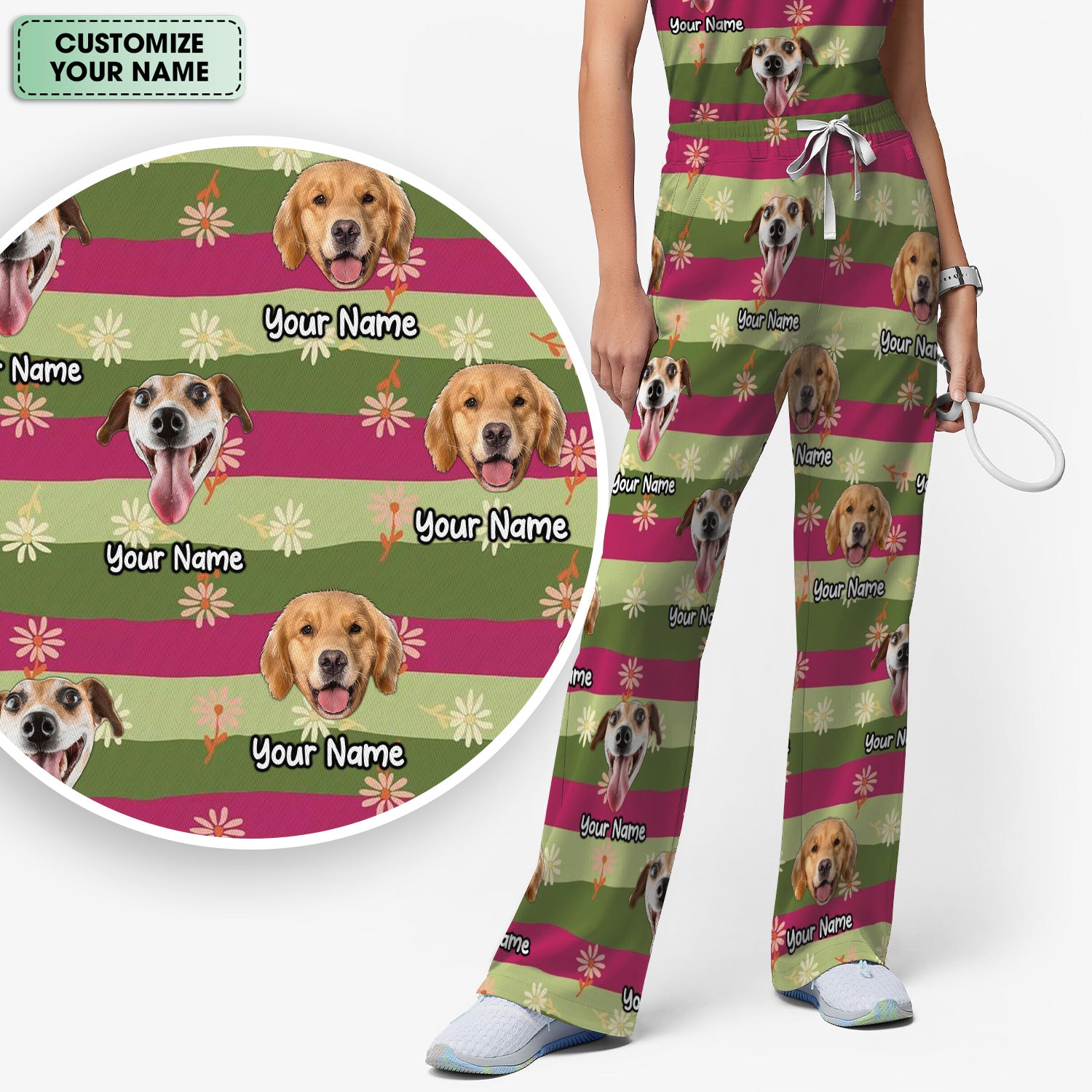 Personalized Floral Dog Portrait With Spring Stripes Pattern Scrub Set, Scrub Pants and V Neck Top
