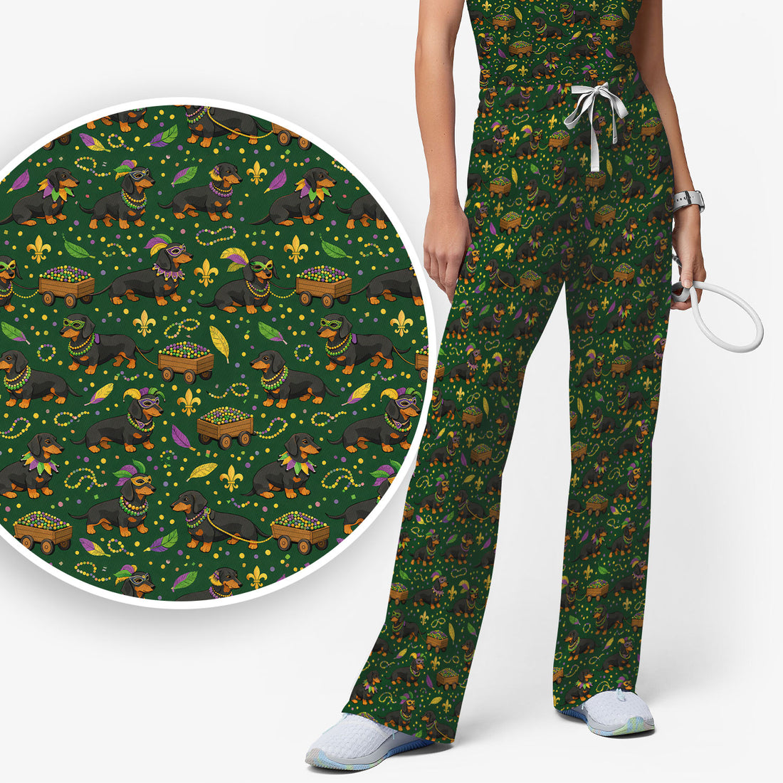 Funny Mardi Gras Dachshund Scrub Set, Festival Wiener Dog Pattern Nurse Shirt, Breathable Fabrics Nursing Uniform