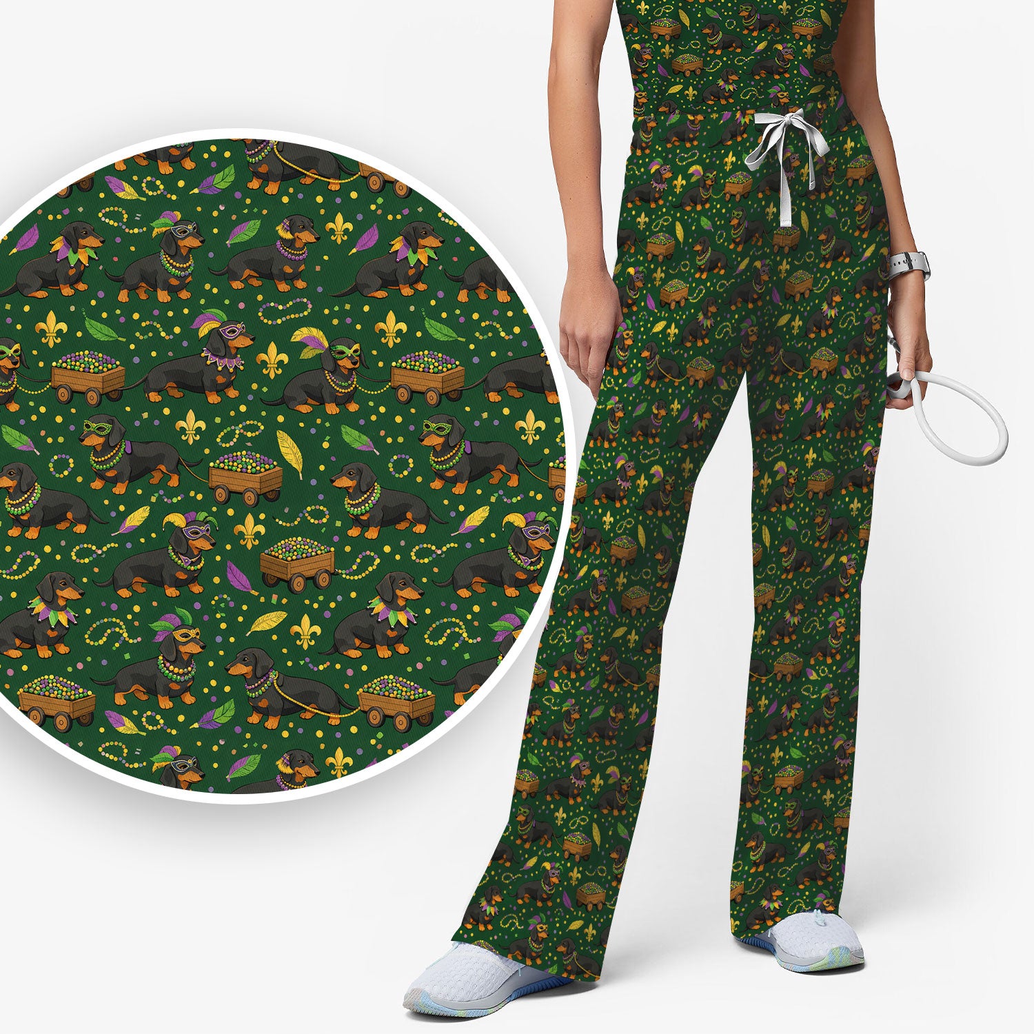 Funny Mardi Gras Dachshund Scrub Set, Festival Wiener Dog Pattern Nurse Shirt, Breathable Fabrics Nursing Uniform