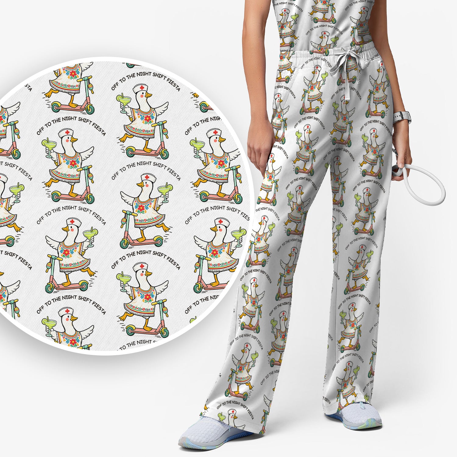 Funny Duck Scooter Night Shift Fiesta Scrub Set, Scrub Pants and V Neck Top