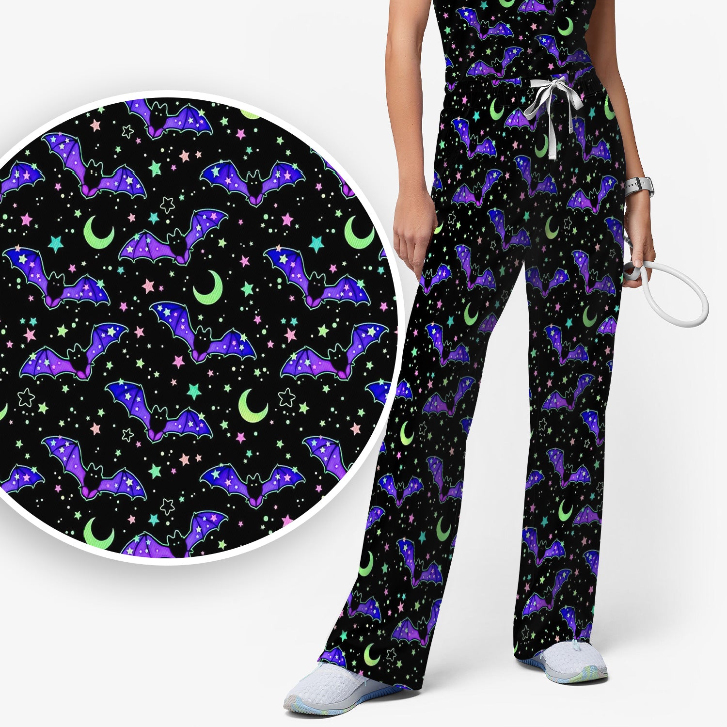 Spooky Halloween Celestial Bat Scrub Set, Scrub Pants and V Neck Top