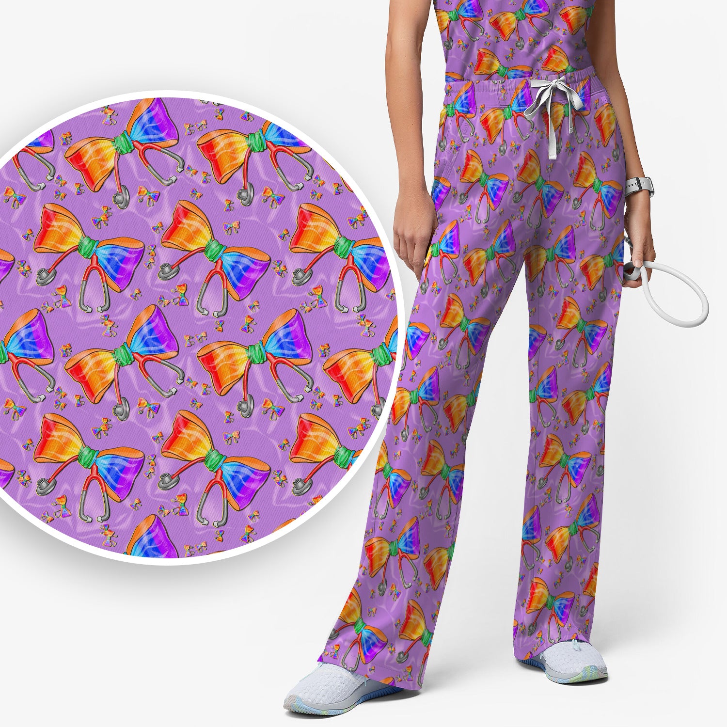 Colorful Rainbow Bow Stethoscope Pattern Scrub Top, Breathable Fabrics Nursing Uniform