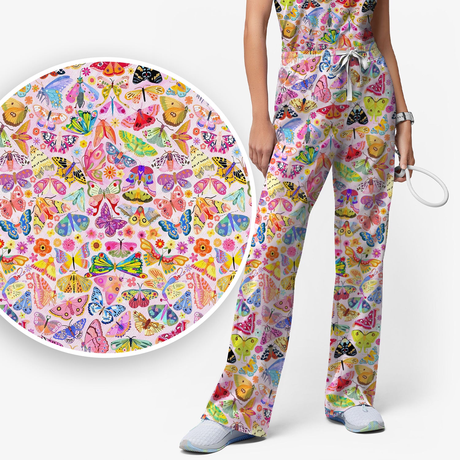 Cute Bright Butterfly Moth Floral Scrub Top, Breathable Fabrics Nursing Uniform