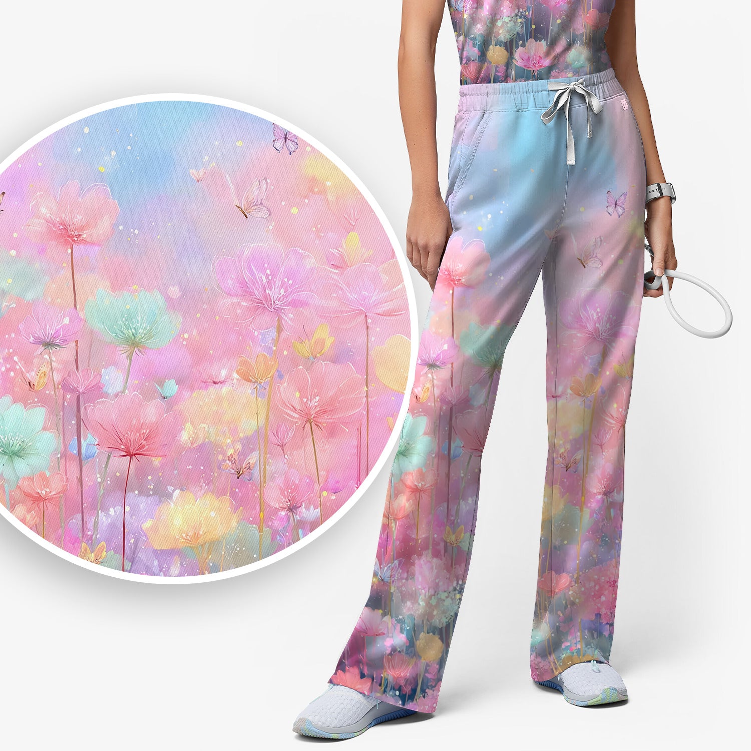 Dreamy Pastel Watercolor Floral Garden Scrub Set, Scrub Pants and V Neck Top
