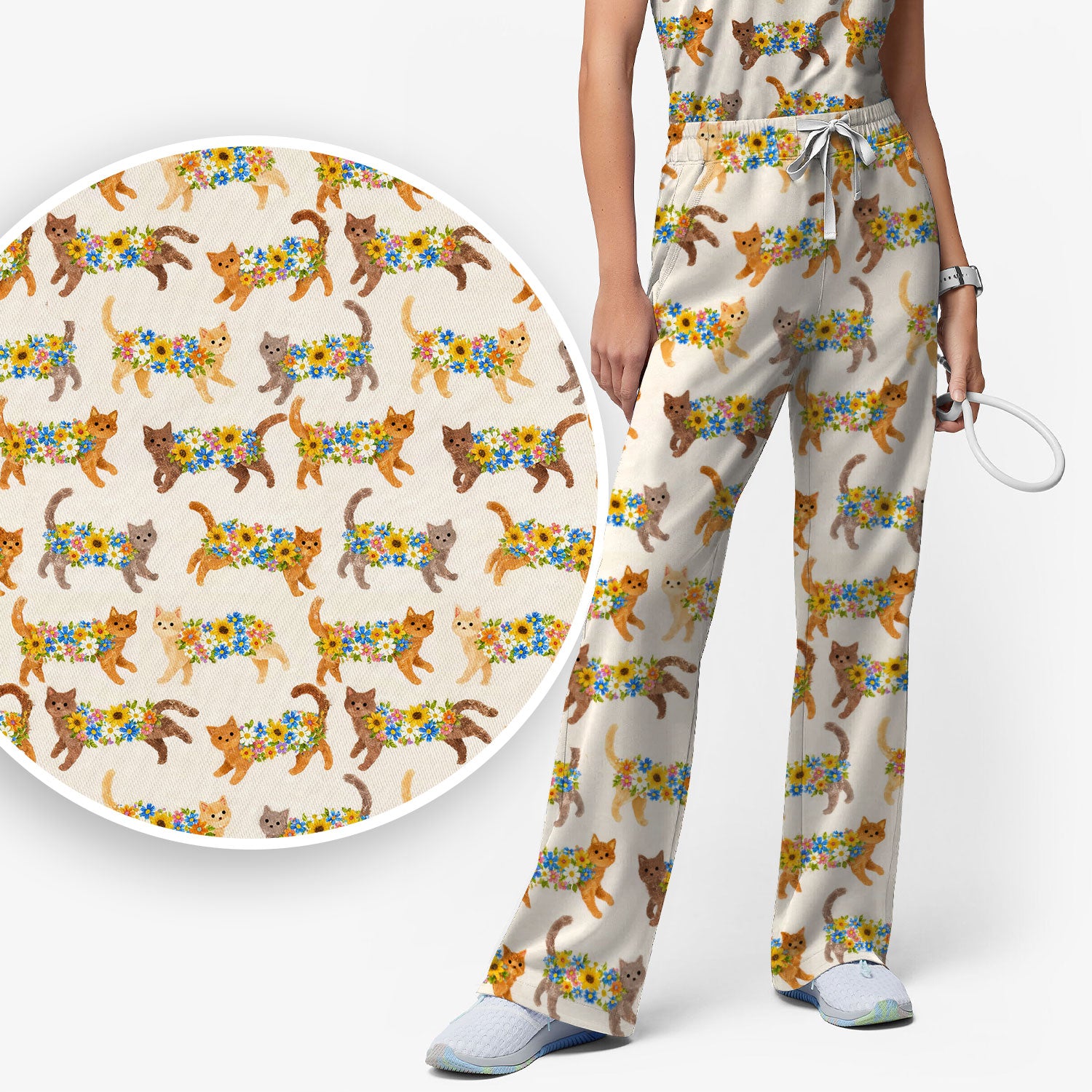 Cute Flower Filled Cat Pattern Scrub Set, Scrub Pants and V Neck Top