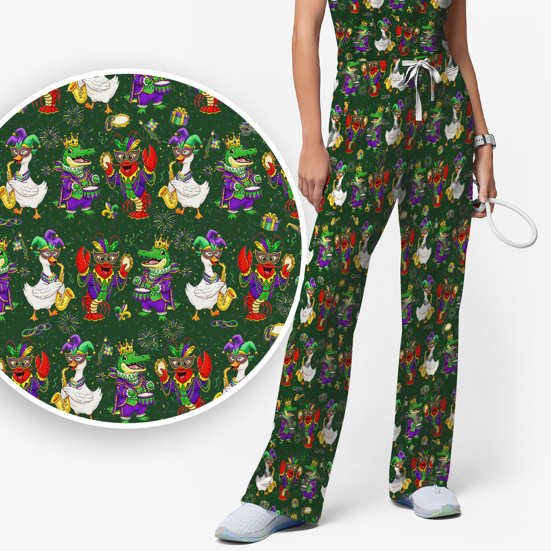 Crawfish And Duck Carnival Scrub Set, Mardi Gras Parade Pattern Nurse Shirt, Breathable Fabrics Nursing Uniform