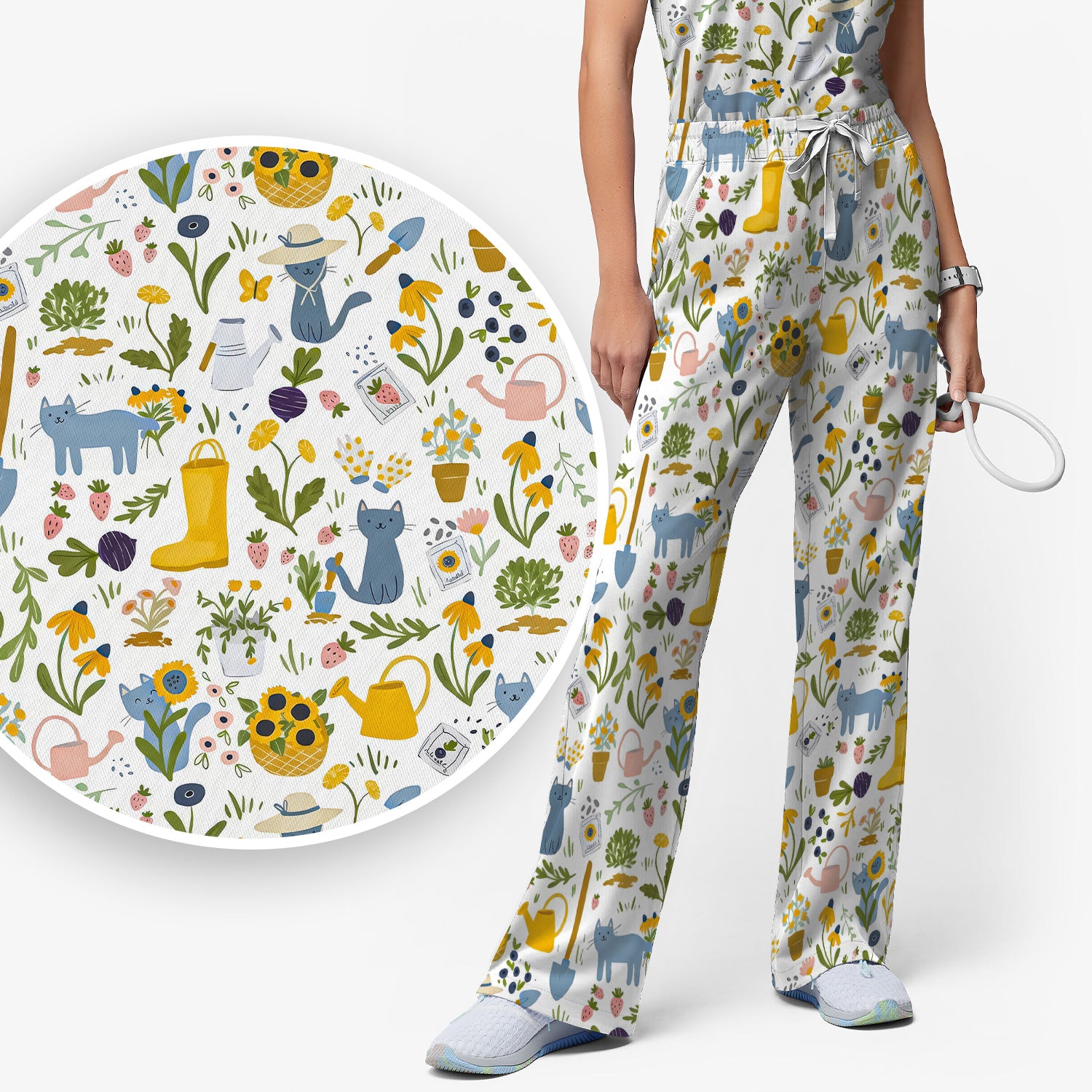 Cat Gardening Wildflower Tools Pattern Scrub Set, Scrub Pants and V Neck Top