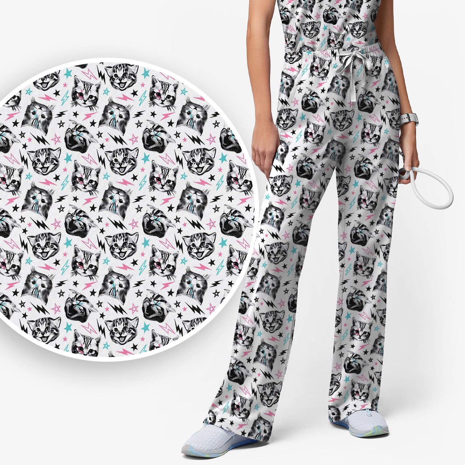 Playful Cat Faces Lightning Pattern Scrub Set, Scrub Pants and V Neck Top