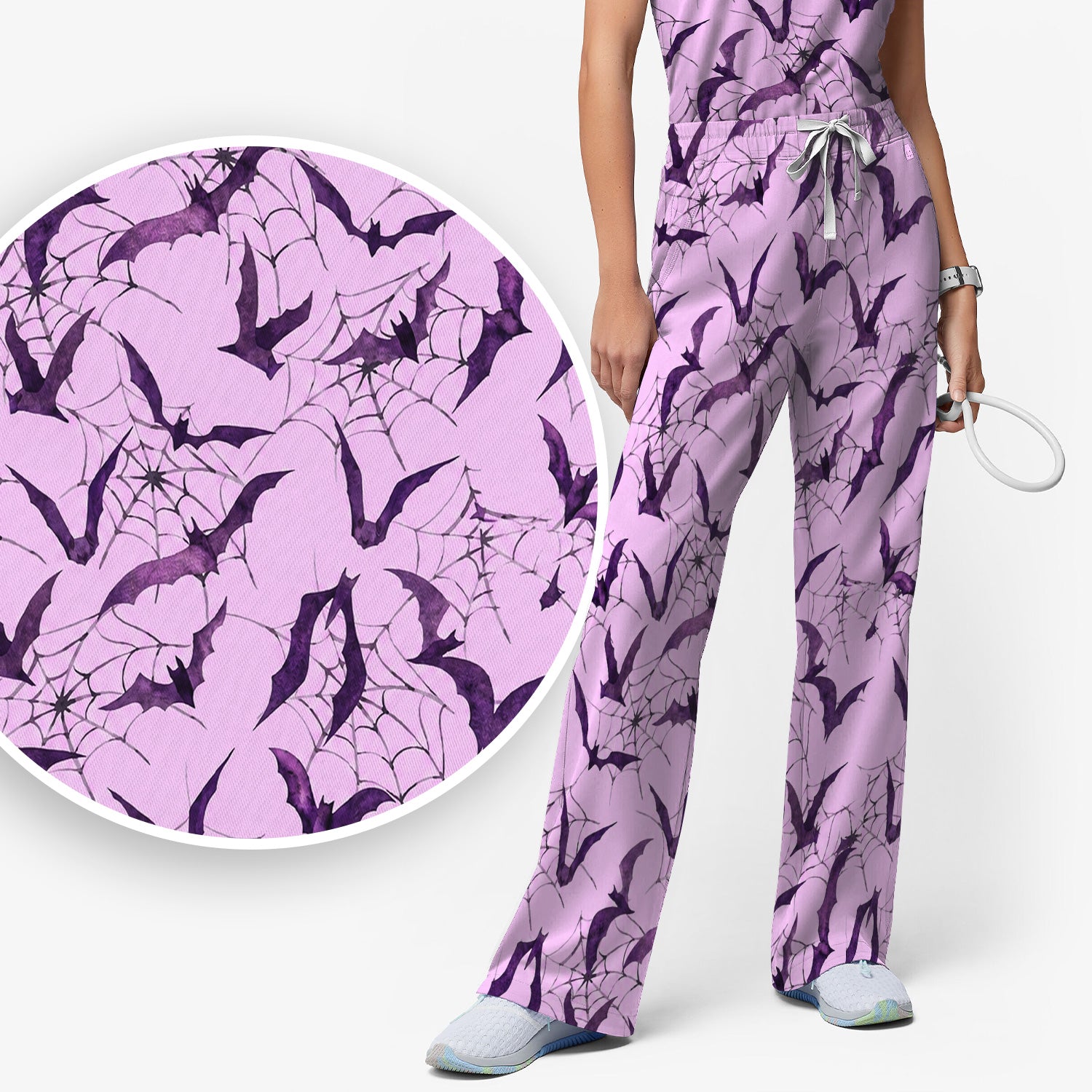 Halloween Bat with Spider Web Scrub Set, Scrub Pants and V Neck Top