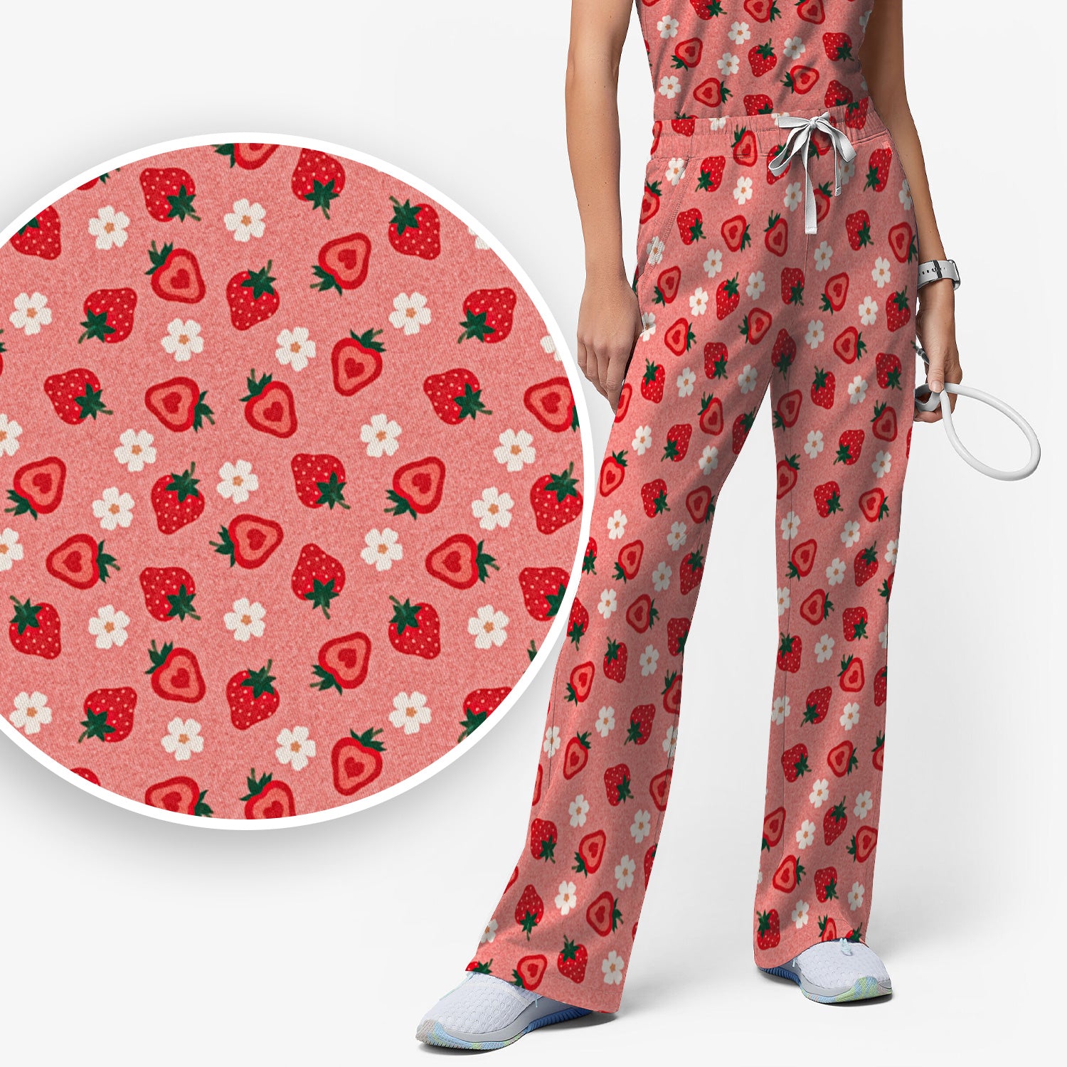Sweet Strawberry Blossom Print Scrub Set, Women's Scrub Sets