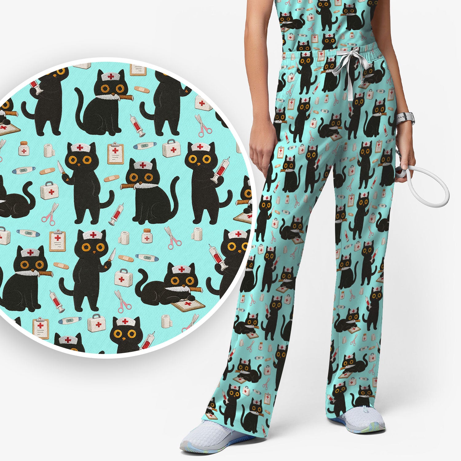 Cute Black Cat Nurse Pattern Women's Scrub Set, Breathable Med Uniform