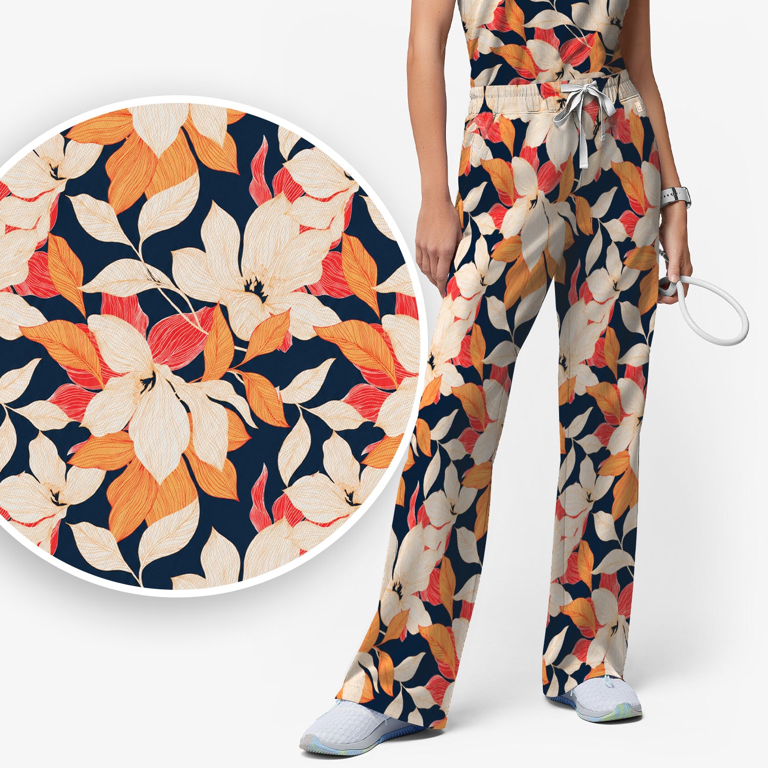 Elegant Ivory Lily Leaves Pattern Scrub Set, Scrub Pants and V Neck Top