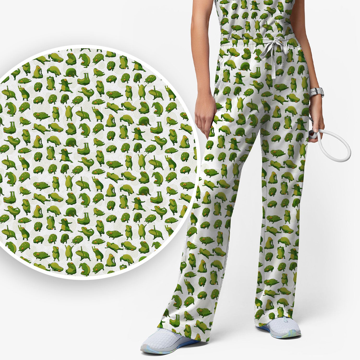 Cute Frog Cartoon Pattern Scrub Set, Breathable Med Uniform