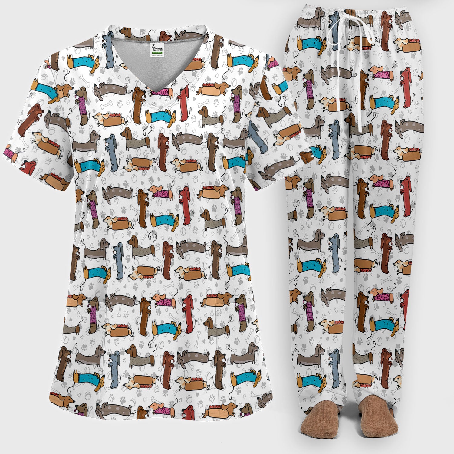 Cute Dachshund Women's Scrub Sets - Funny Sausage Dog Scrub Pants and V Neck Top - Breathable Med Uniform - Nursing Gift