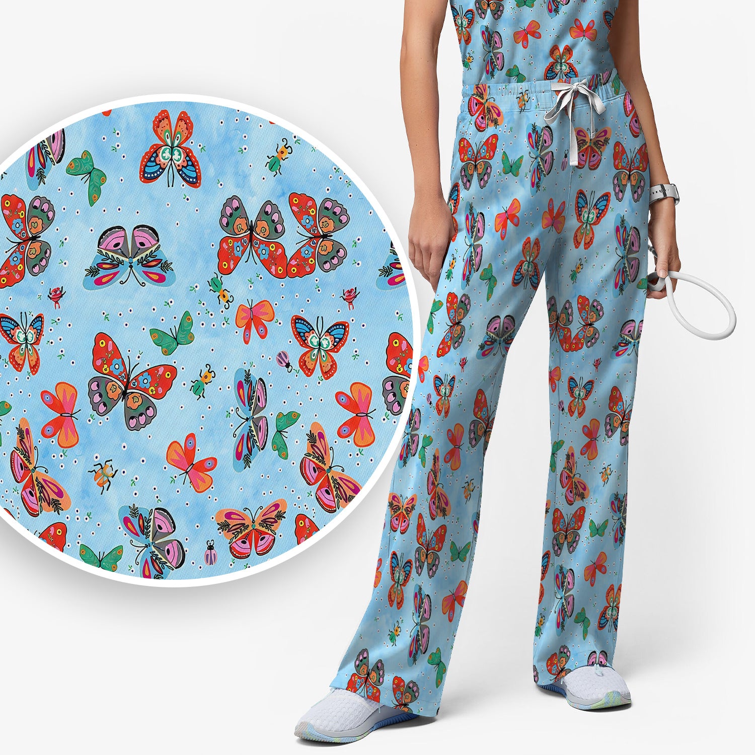 Colorful Butterfly Garden Pattern Scrub Set, Scrub Pants and V Neck Top