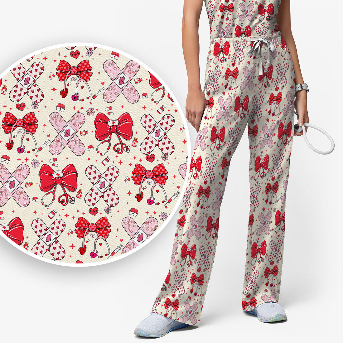 Valentine Nurse Scrub Set, Red Bow And Heart Bandage Pattern Medical Shirt, Breathable Fabrics Nursing Uniform