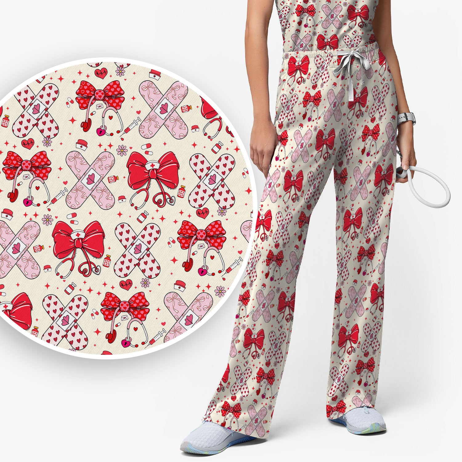 Valentine Nurse Scrub Set, Red Bow And Heart Bandage Pattern Medical Shirt, Breathable Fabrics Nursing Uniform