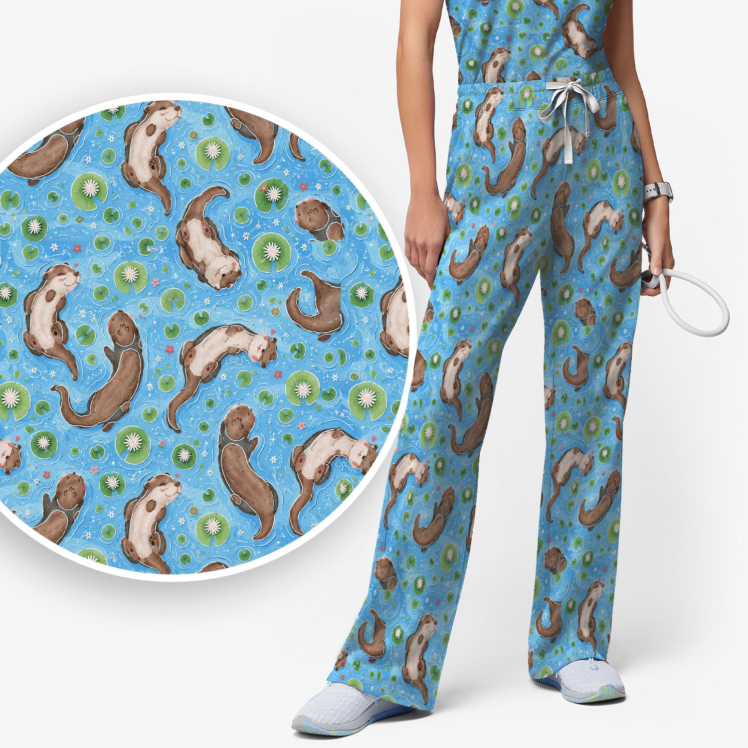 Cute Otter Lily Pond Nurse Print Scrub Set, Scrub Pants and V Neck Top