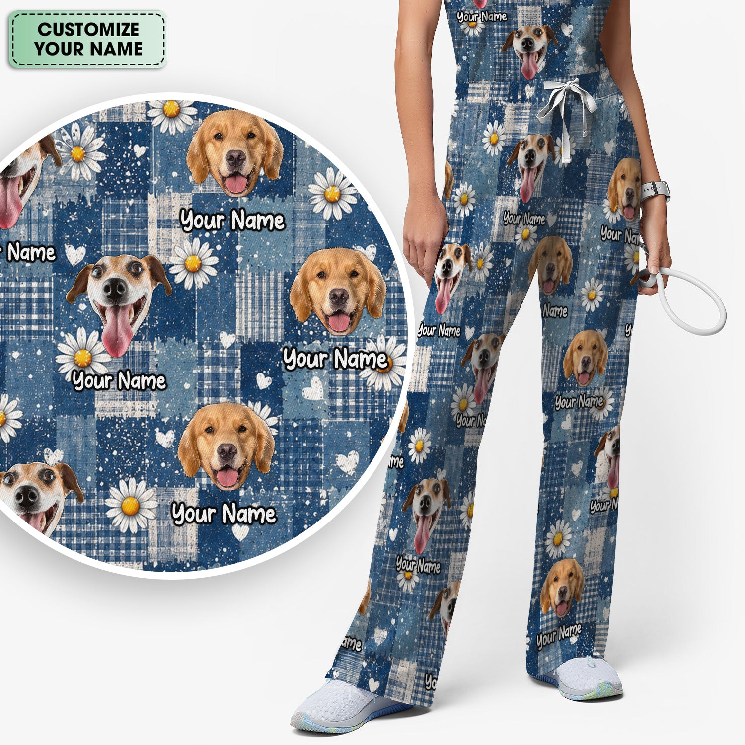 Personalized Cute Dog Portrait On Blue Patchwork Daisy Pattern Scrub Set, Scrub Pants and V Neck Top
