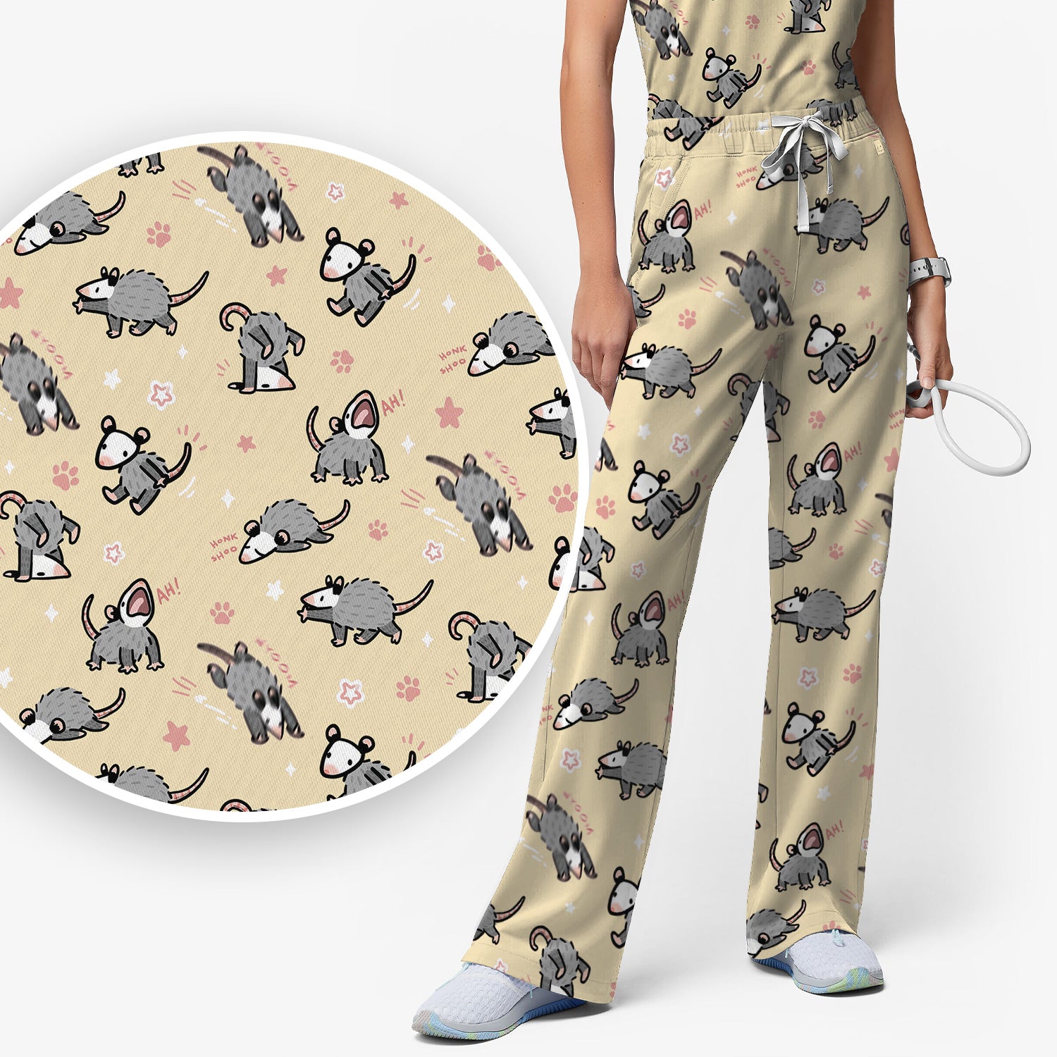 Playful Cartoon Opossum Character Pattern Scrub Set, Women's Scrub Sets