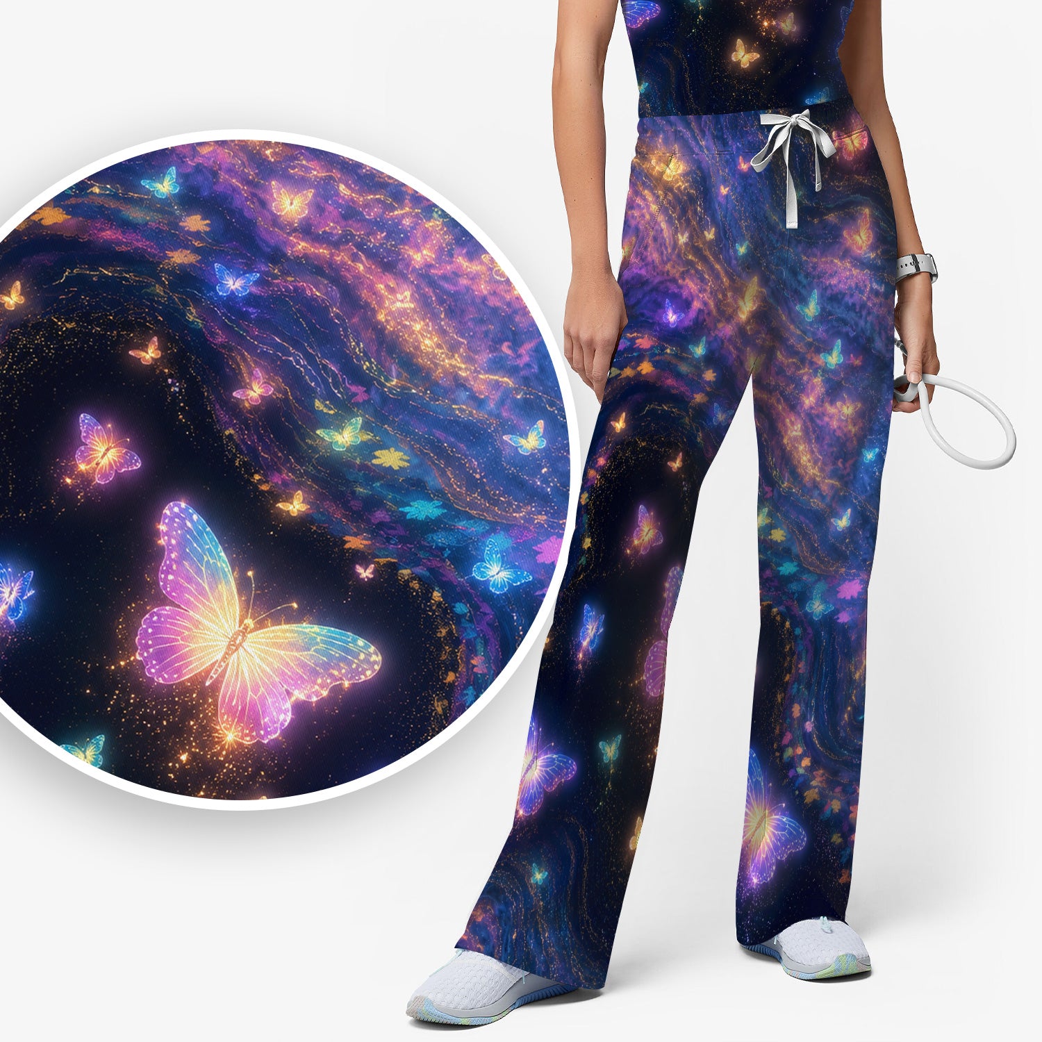 Neon Butterfly Galaxy Marble Print Scrub Set, Scrub Pants and V Neck Top