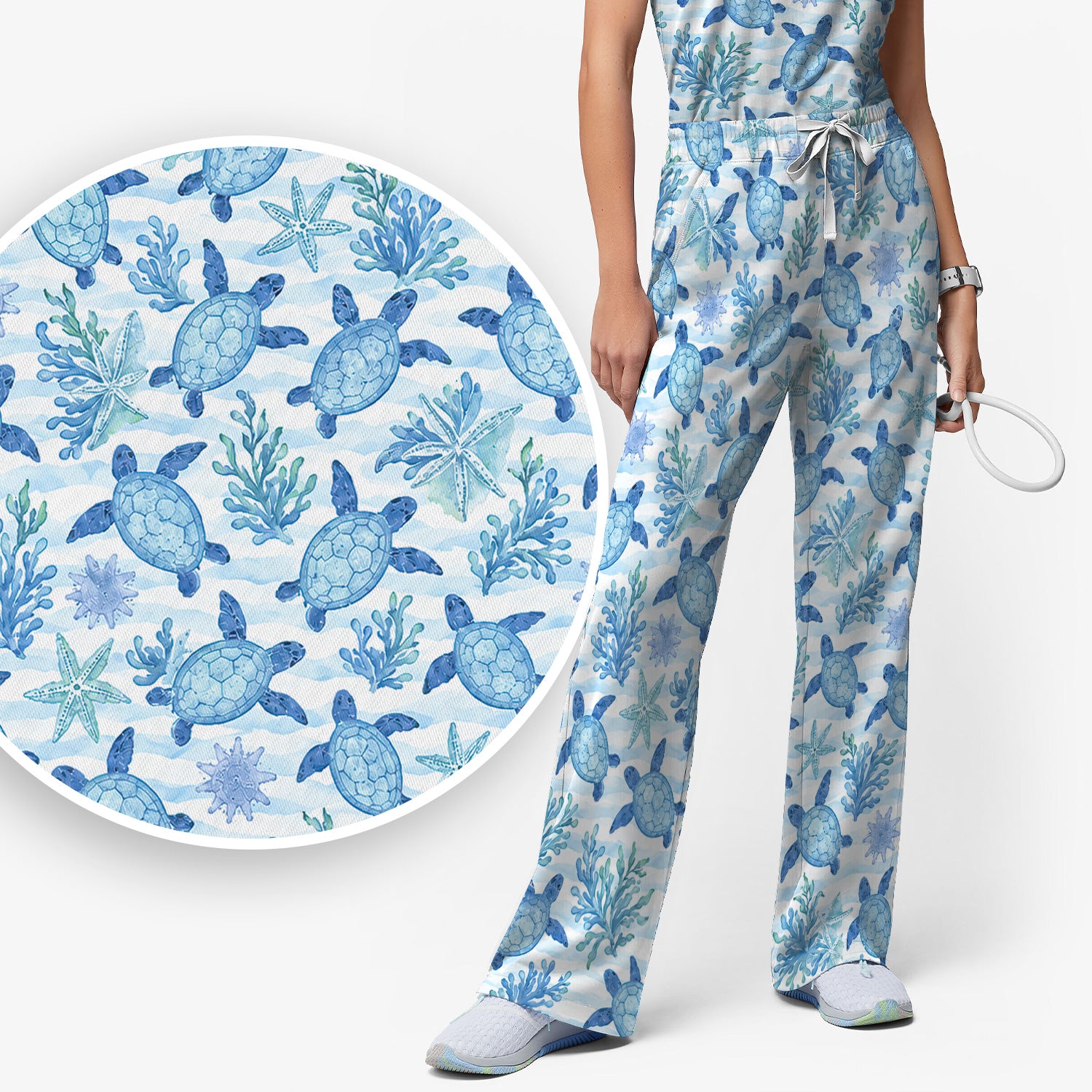 Cute Coastal Sea Turtle Coral Pattern Scrub Set, Scrub Pants and V Neck Top