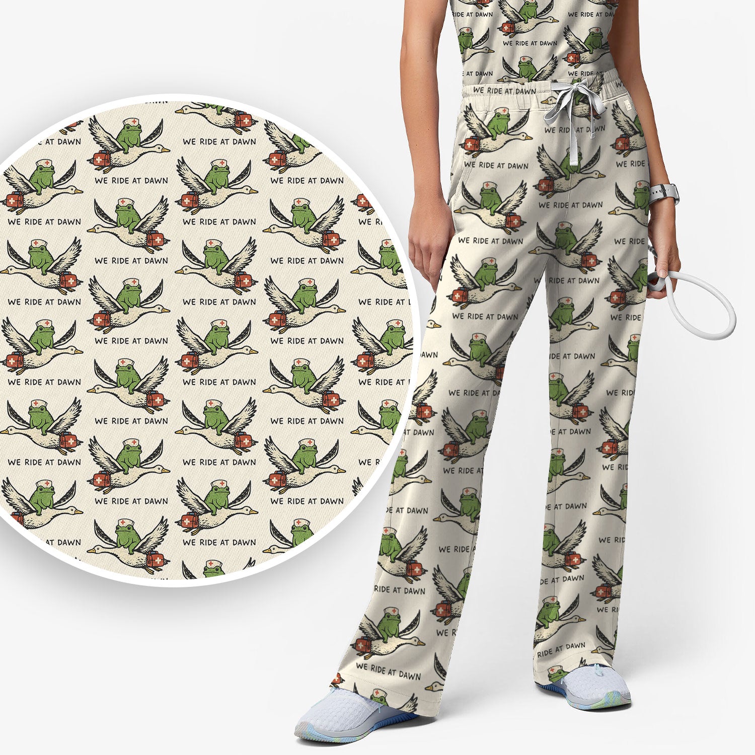 Funny Frog Riding Goose Nurse Pattern Scrub Set, Nurse Uniform Scrubs Set
