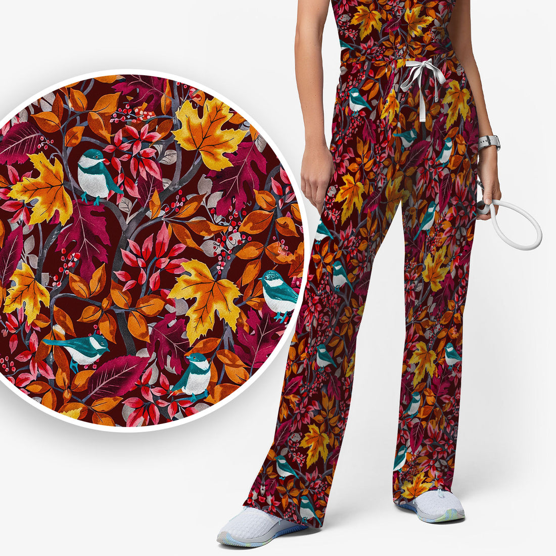Autumn Leaves Blue Bird Pattern Print Set, Women's Scrub Sets