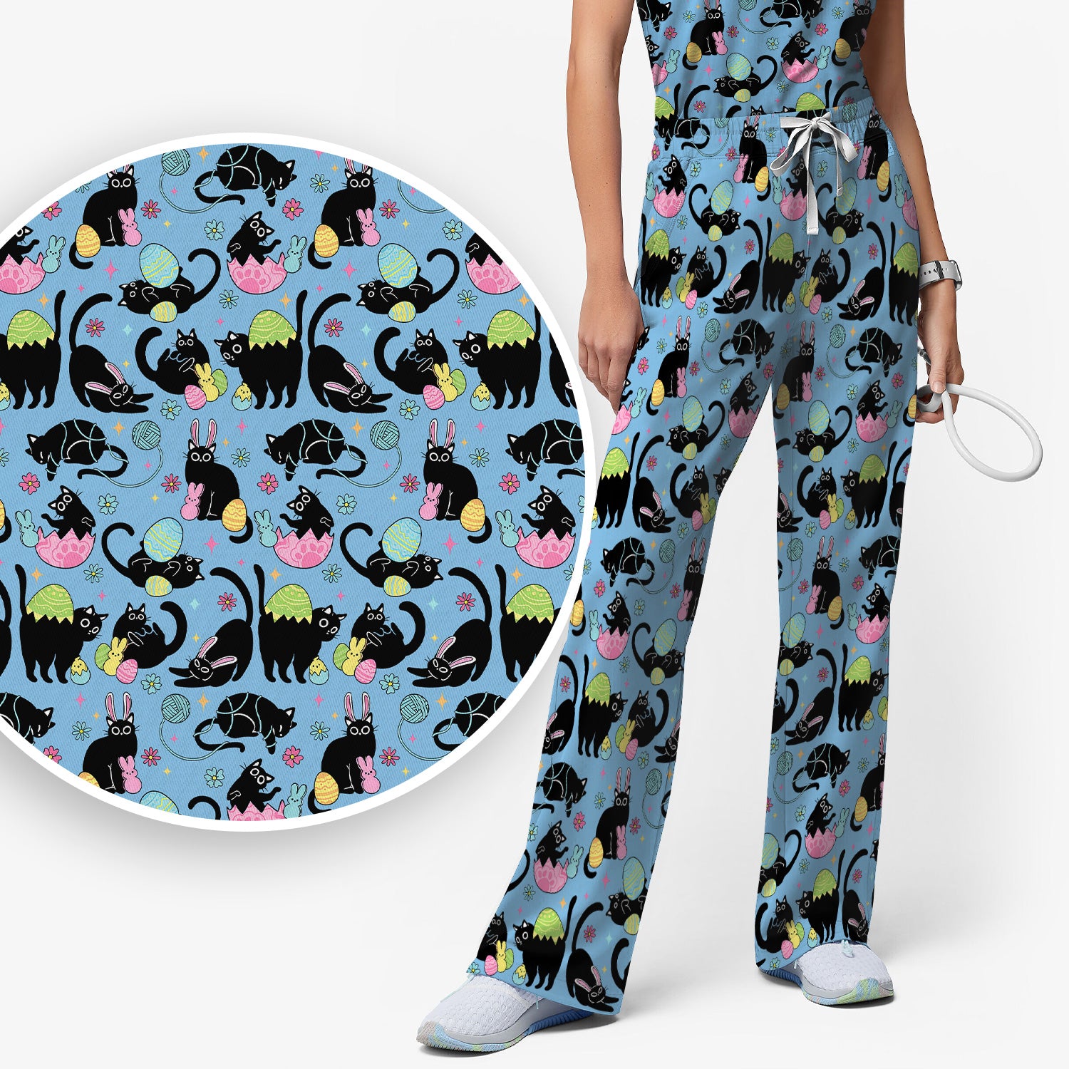 Funny Easter Black Cat Egg Pattern Scrub Set, Scrub Pants and V Neck Top