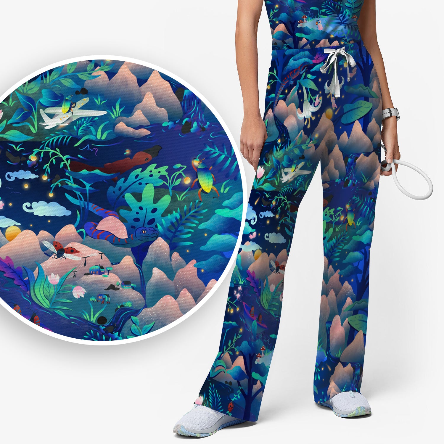 Whimsical Mountain Bug Print Scrub Set, Scrub Pants and V Neck Top