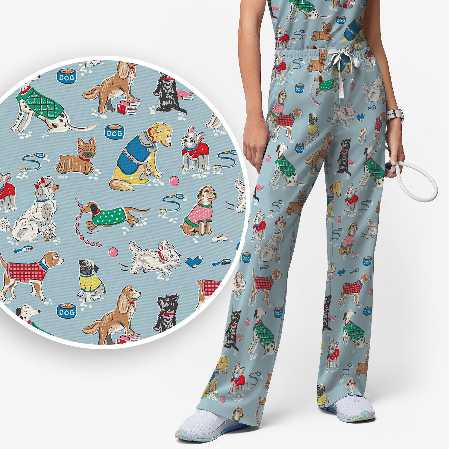 Cute Dog Wearing Sweater Playing Ball Pattern Scrub Set, Scrub Pants and V Neck Top