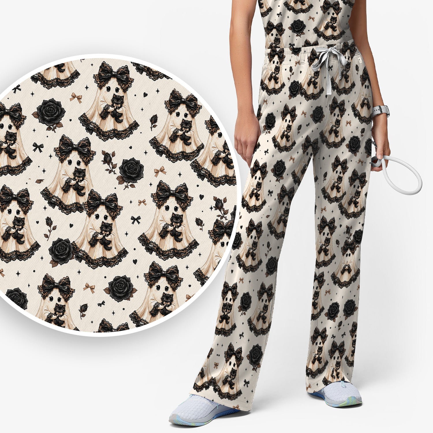 Halloween Ghost Black Cat Pattern Scrub Set, Scrub Pants and V Neck Top