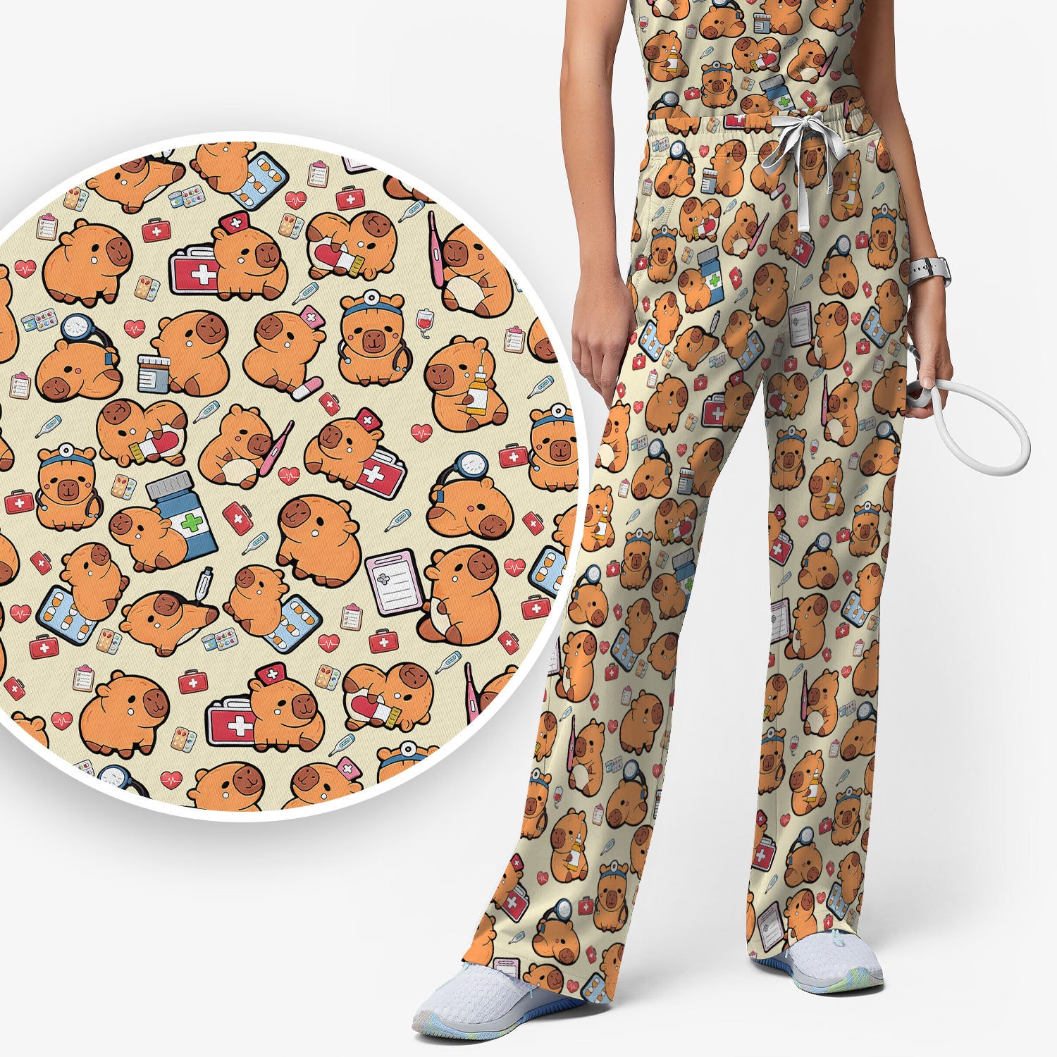 Capybara With Stethoscope And Medical Tools Seamless Scrub Set, Breathable Med Uniform