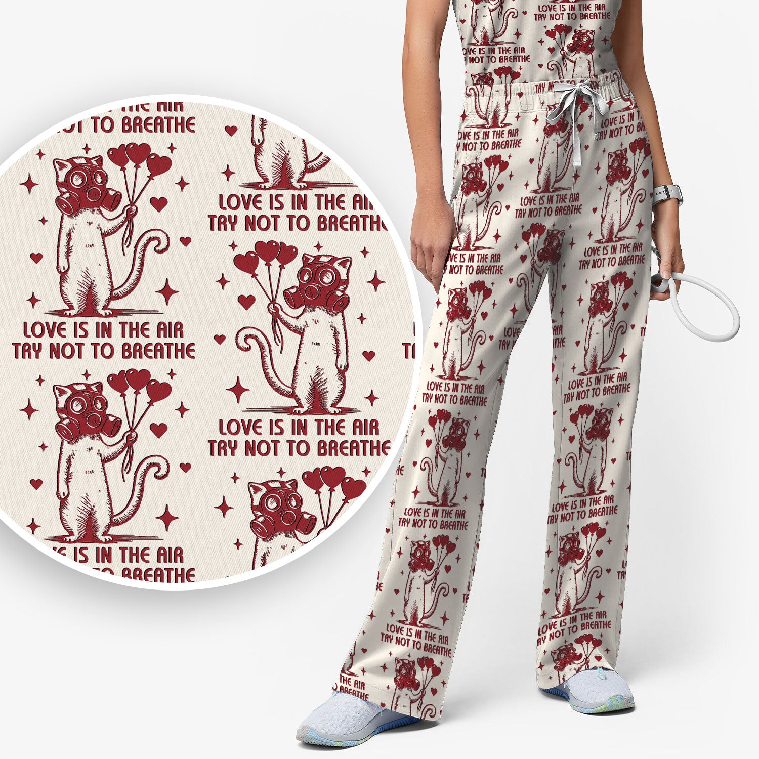 Gas Mask Cat Heart Balloon Valentine Print Scrub Set, Breathable Med Uniform