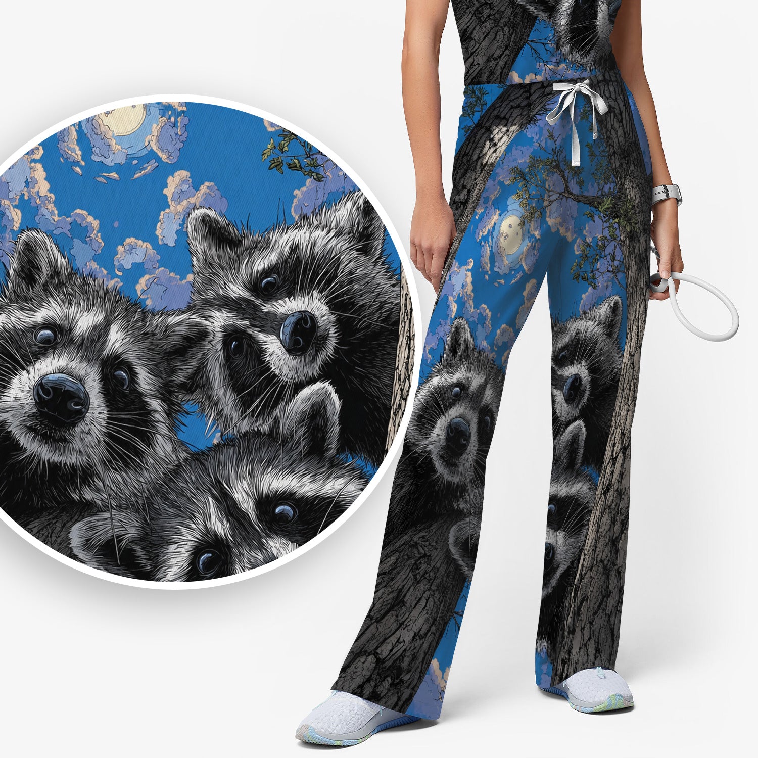 Cute Raccoon Tree Veterinary Pattern Scrub Set, Scrub Pants and V Neck Top