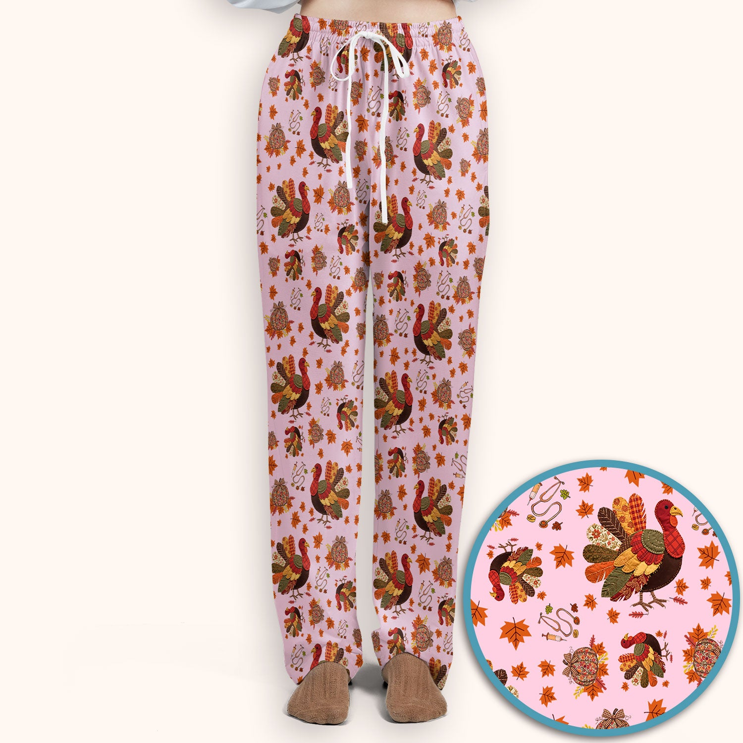 Fall Leaves Thanksgiving Women's Scrub Set - Comfortable Scrub Pants and V Neck Top - Funny Turkey Nursing Uniform